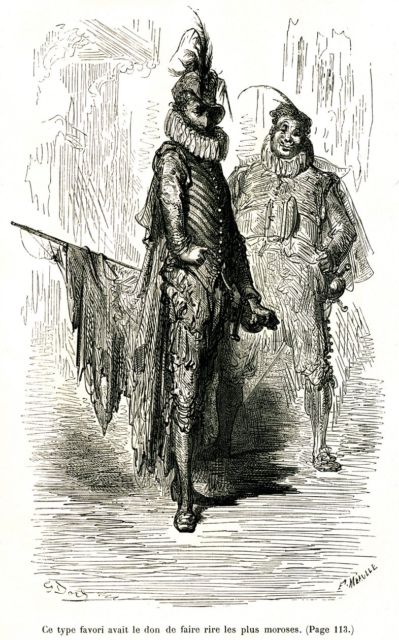 Gravure de Gustave Doré illustrant le roman de Théophile Gautier "Le Capitaine Fracasse". Édition Charpentier 1863. Deux comédiens (acteurs de la commedia dell