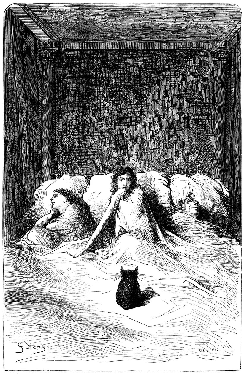 Gravure de Gustave Doré illustrant le roman de Théophile Gautier « Le Capitaine Fracasse ». Édition Charpentier 1863. Dans la résidence du Baron de Sigognac, le « Château de la Misère », une troupe de comédiens a trouvé refuge. Trois actrices se sont endor - Gustave Dore