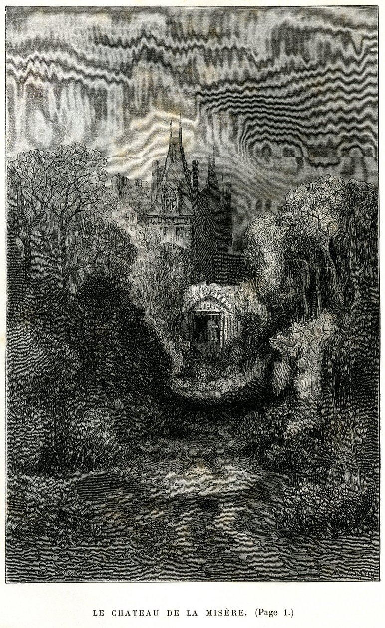 Gravure de Gustave Doré en frontispice du roman de Théophile Gautier « Le Capitaine Fracasse ». Édition Charpentier 1863. Le Château de la Misère, demeure du Baron de Sigognac. - Gustave Dore