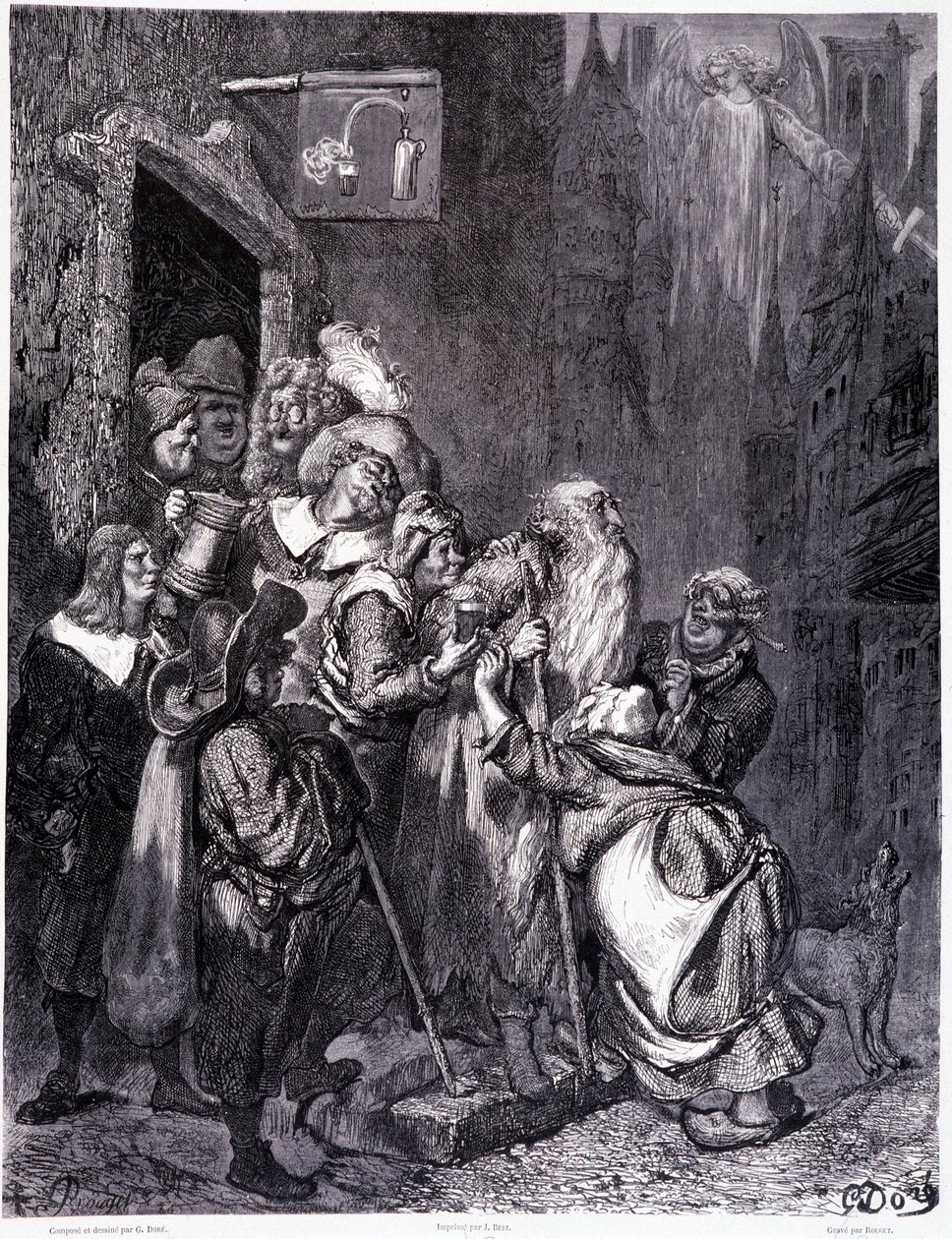 Entrez dans cette auberge, planche IV - Illustration de Gustave Doré pour La légende du Juif errant de Pierre Dupont, édition Librairie du magasin pittoresque, Paris 1862 - Gustave Dore