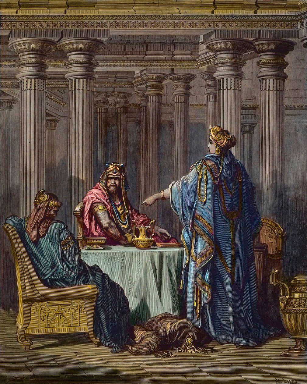 Esther accusant Haman - scènes bibliques, Esther et Haman, gravure sur bois par Gustave Doré - coloration ultérieure. - Gustave Dore