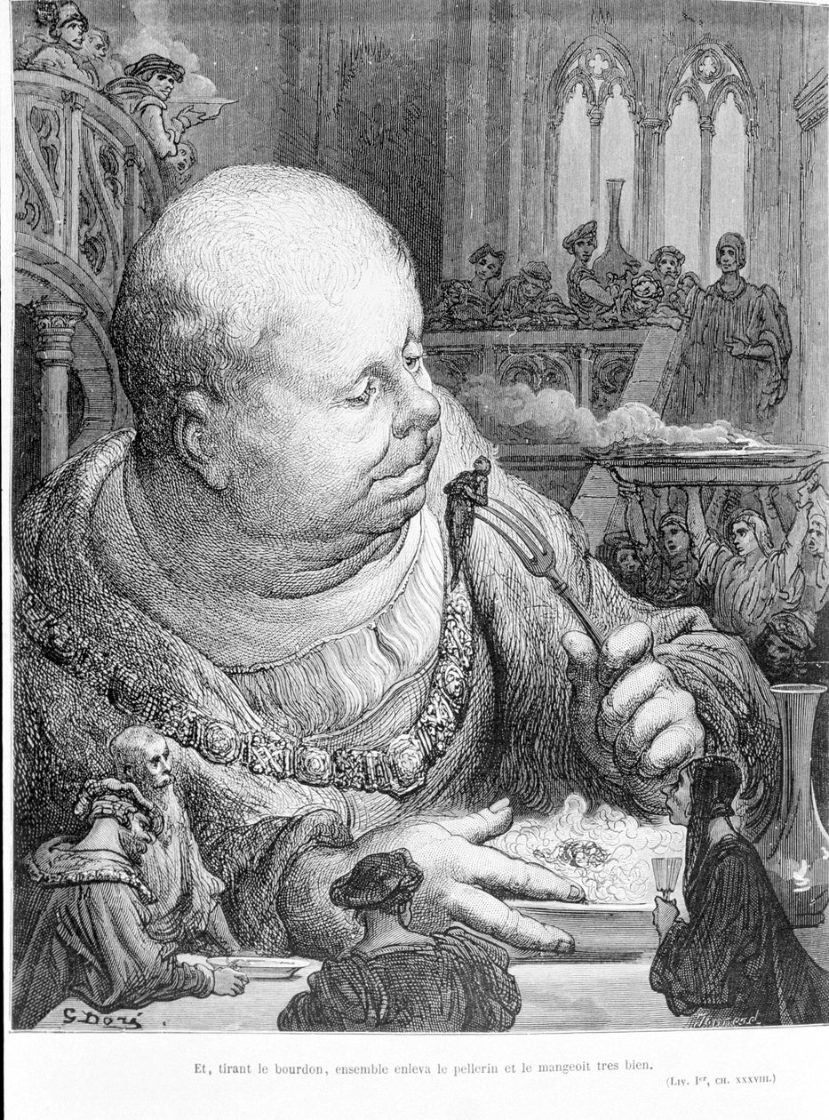 Extrait de Gargantua (1534) de François Rabelais : Et, tirant le bourdon, ensemble ôta le pèlerin et le mangea très bien. Gravure de Gustave Doré - Gustave Dore