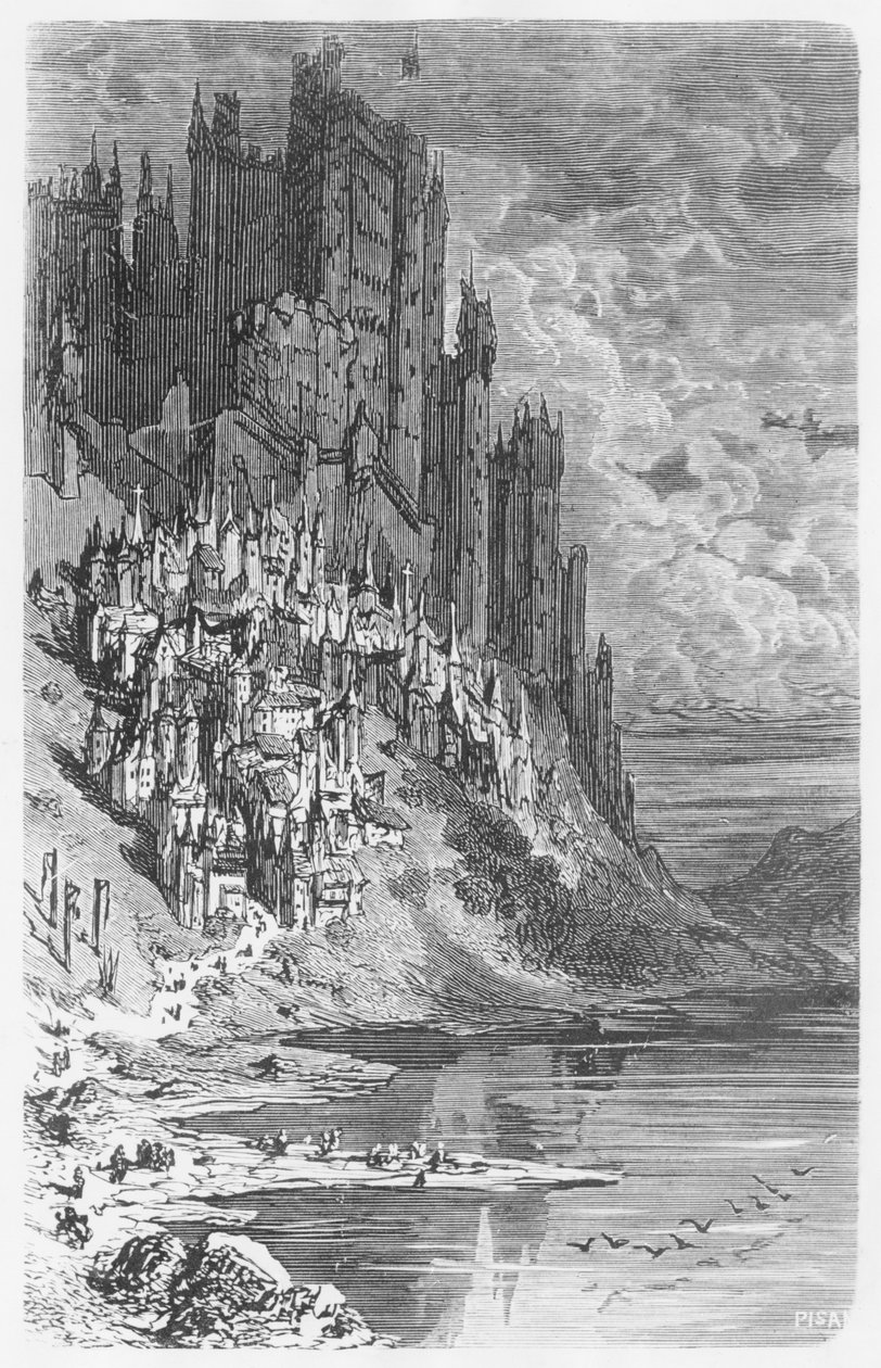 Paysage fantastique avec ville et château, illustration des 
