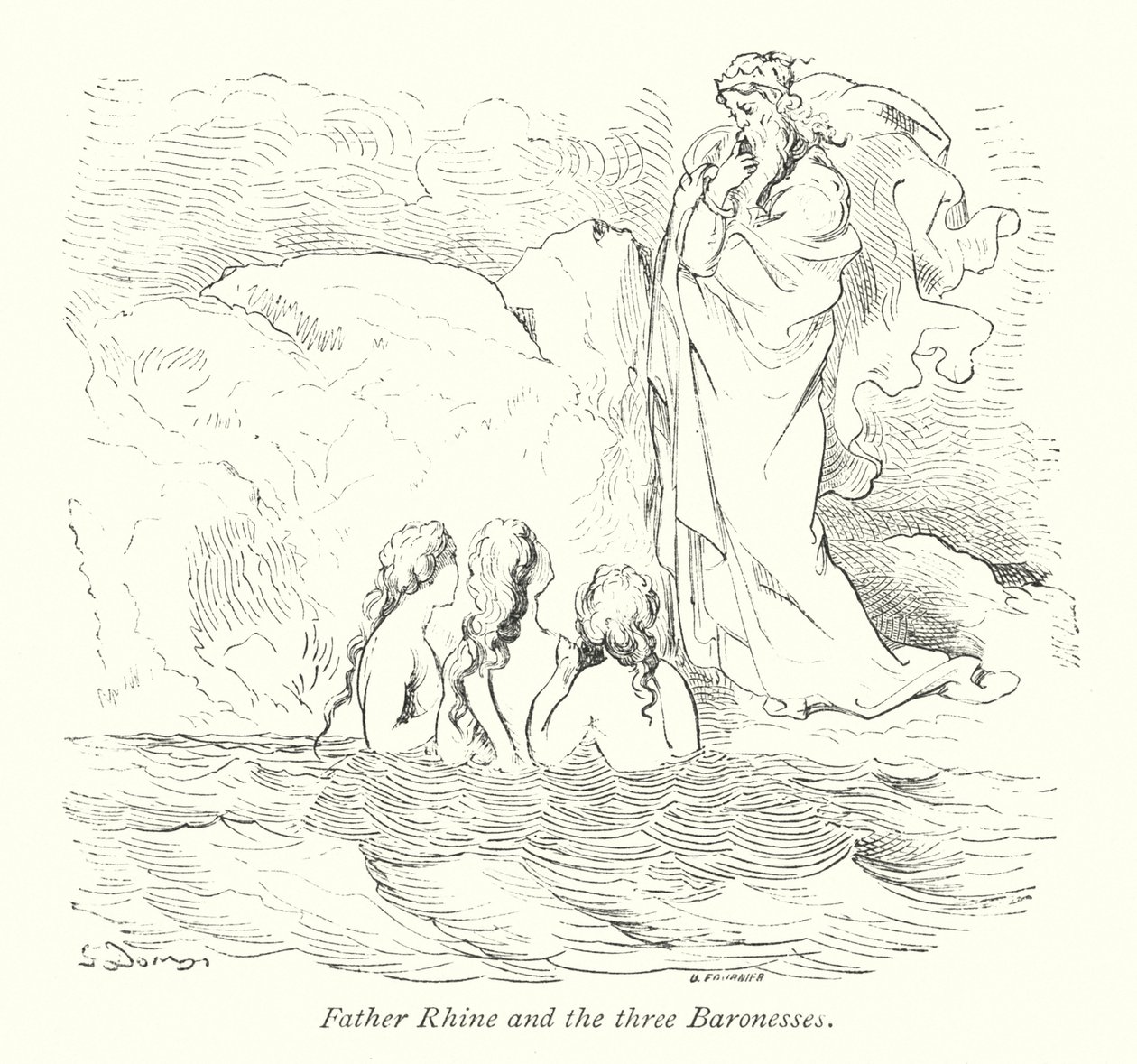 Le père Rhin et les trois baronnes (gravure) - Gustave Dore