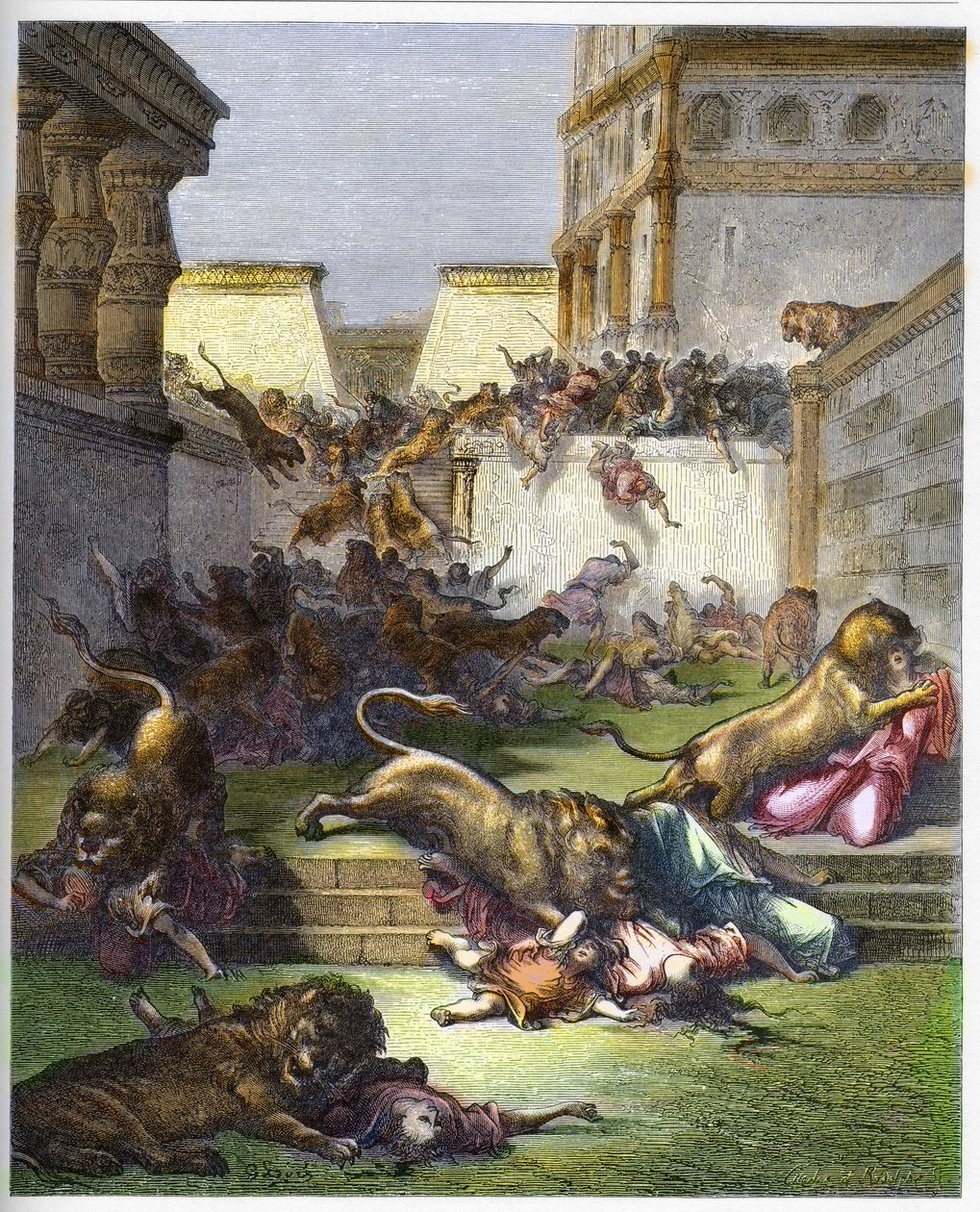 Étrangers dévorés par des lions en Samarie - Ancien Testament. Personnes dévorées par des lions en Samarie - gravure dans « La Bible illustrée » par Gustave Doré - Gravure de « La Bible de Doré » - Gustave Dore