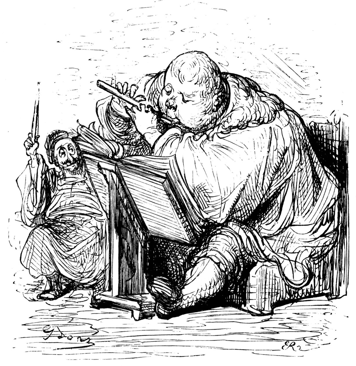 Éducation de Gargantua : le jeune gentilhomme apprend à jouer de la flûte avec son professeur de musique. Gravure de Gustave Doré illustrant l
