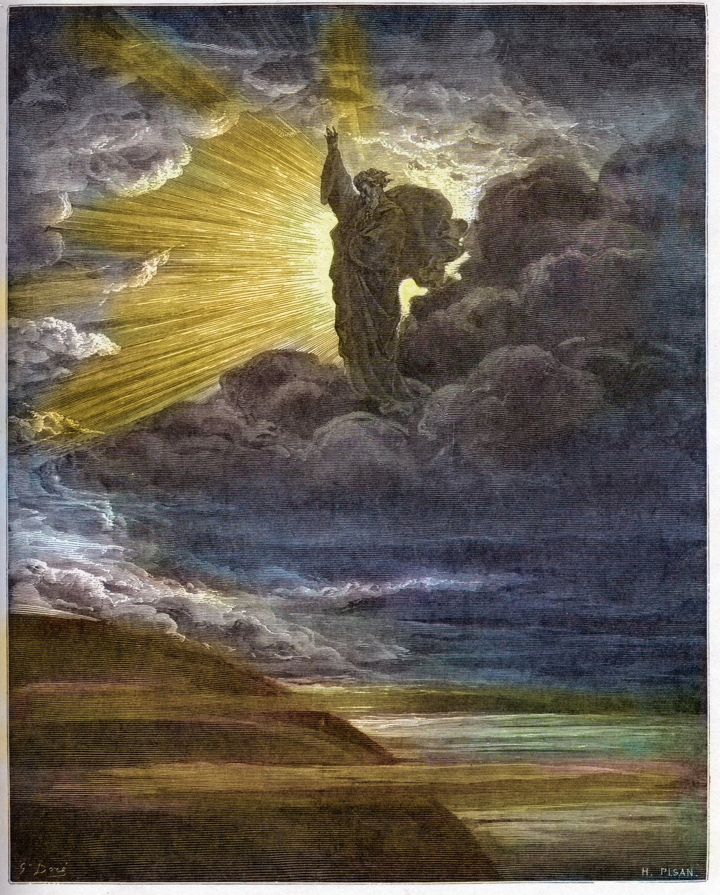 Dieu créant la lumière - La Création de la lumière - Ancien Testament (Genèse) - Création de la lumière - gravure dans « La Bible illustrée » par Gustave Doré (1832-1883) - Gravure de « La Bible de Doré » - Gustave Dore