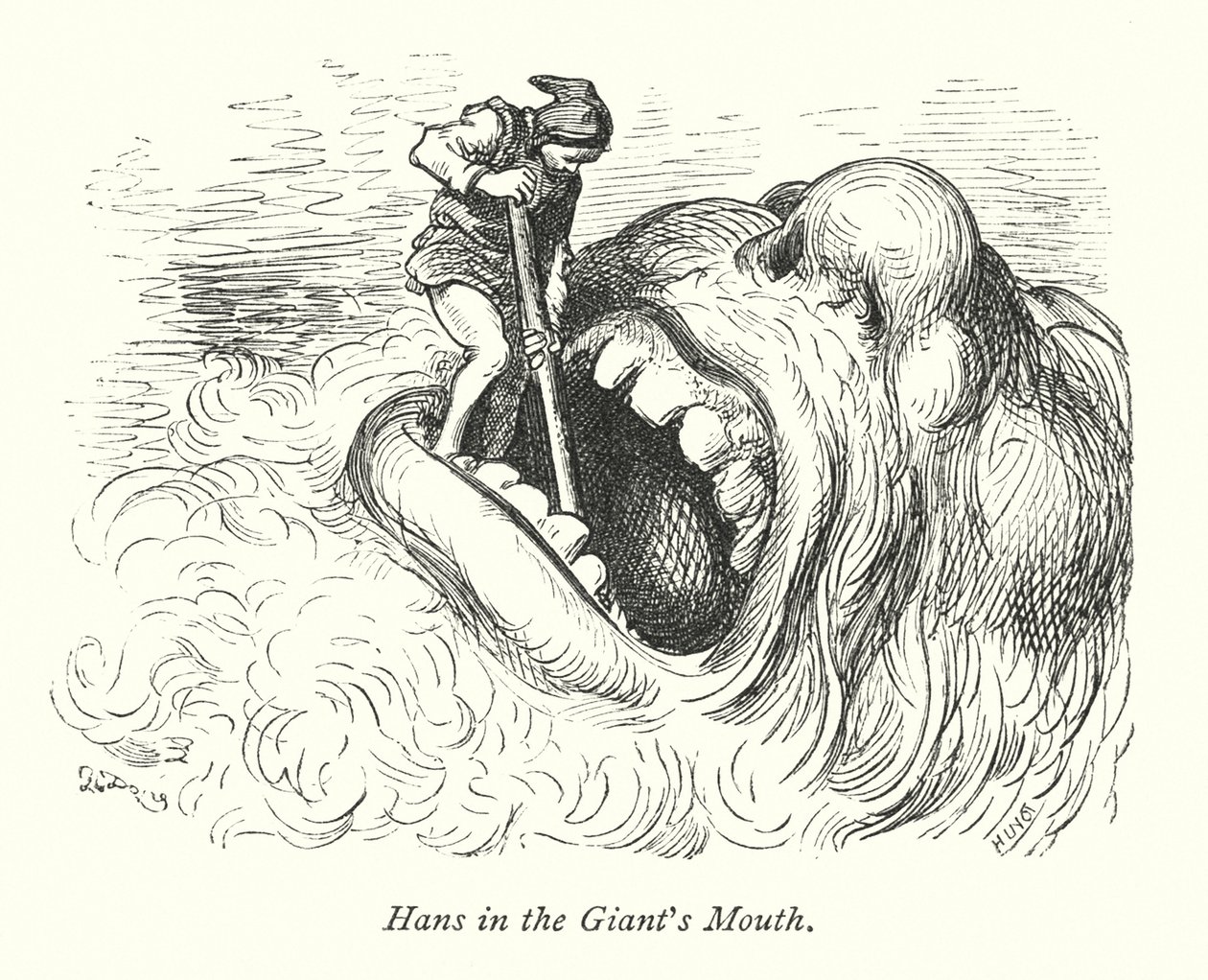 Hans dans la bouche du géant (gravure) - Gustave Dore