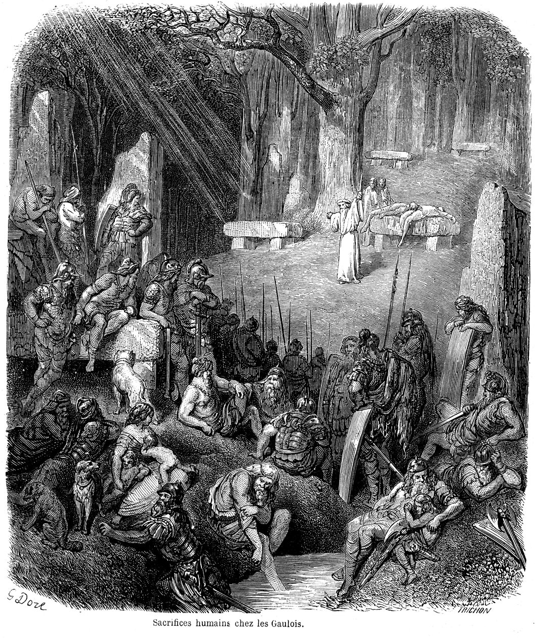 Sacrifice humain chez les Gaulois - druides, dolmen, menhir - gravure par Gustave Doré dans "L