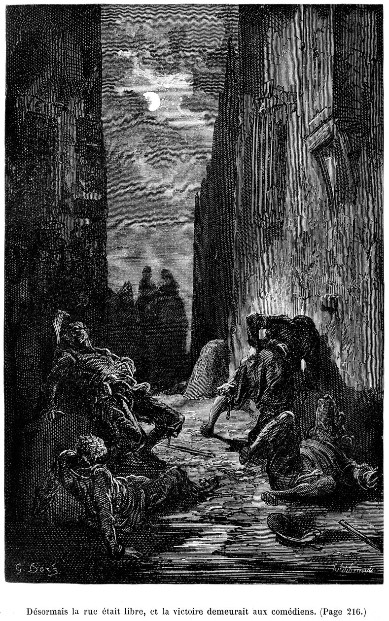 Illustration par Gustave Doré pour le roman de Théophile Gautier "Le Capitaine Fracasse" - Édition Charpentier 1883, pratiquement identique à la première édition illustrée par G. Doré chez le même éditeur en 1866. Chapitre "Épée, bâton et autres aventures" - Gustave Dore