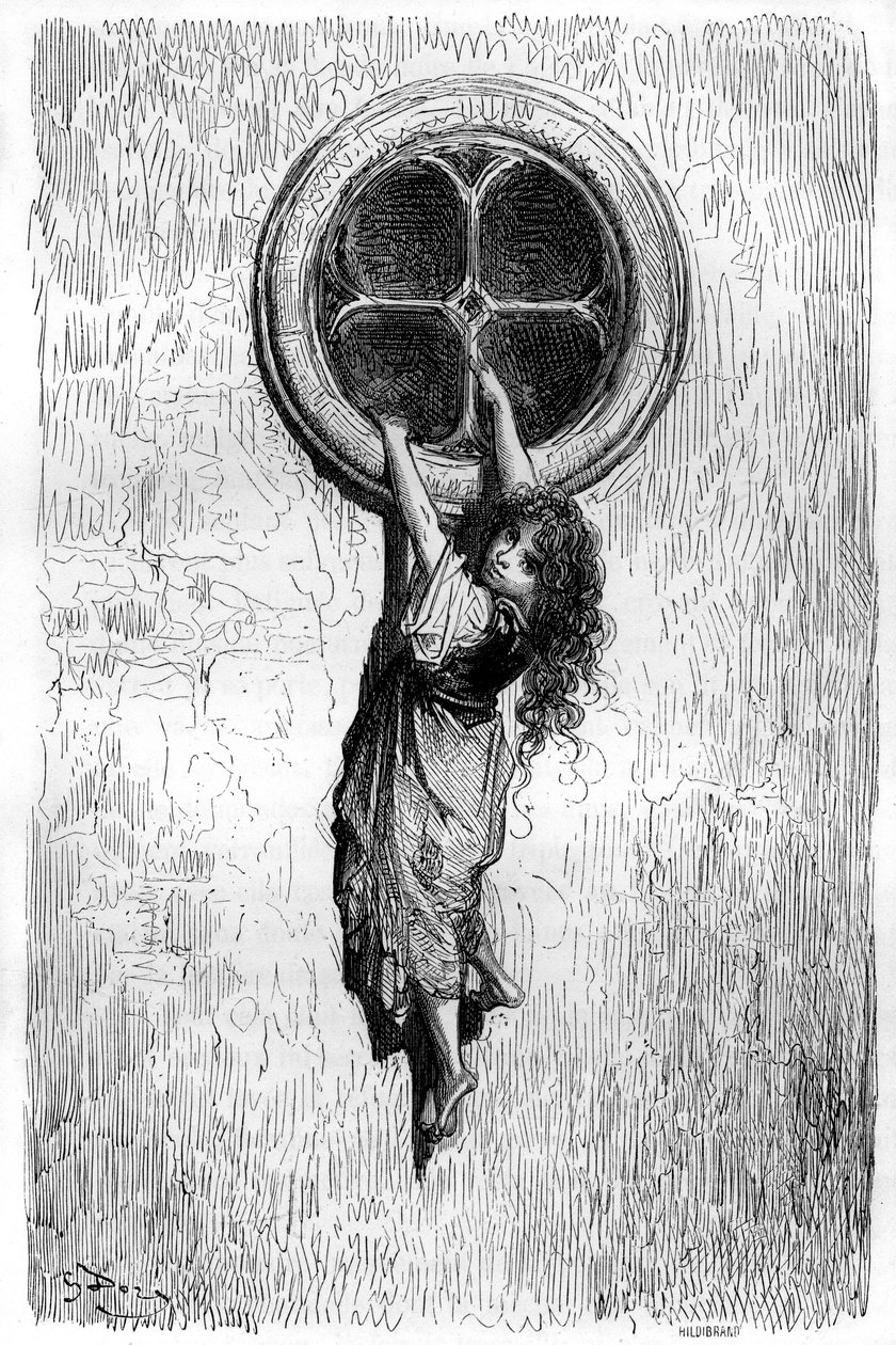 Illustration de Gustave Doré pour le roman « Le Capitaine Fracasse » de Théophile Gautier (1811-1872). Agile comme un chat et mince comme un serpent, la jeune Chiquita passe par une fenêtre pour rejoindre Isabelle prisonnière. - Gustave Dore