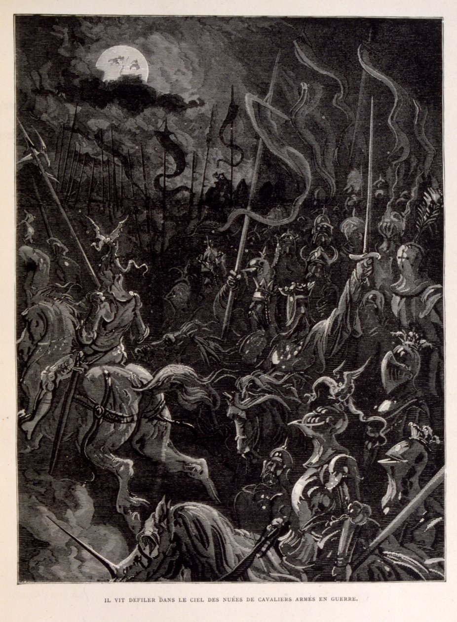 Illustration de chevaliers en bataille pendant une soirée au clair de lune - Gustave Dore