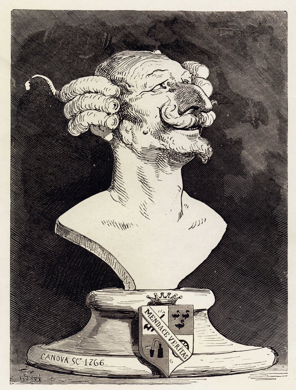 Buste imaginaire représentant le baron de Munchausen (Munchhausen), signe "" Canova 1766"". Illustration de Gustave Dore pour la première version des aventures du colonel allemand "" Les aventures du baron de Munchausen (Munchhausen) "" de Rudolph Er - Gustave Dore