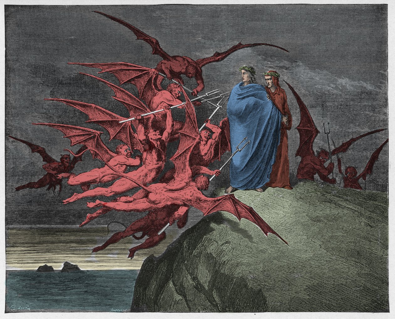 Enfer, Chant 21 : Les démons menacent Virgile, illustration de "La Divine Comédie" de Dante Alighieri, 1885 - Gustave Dore