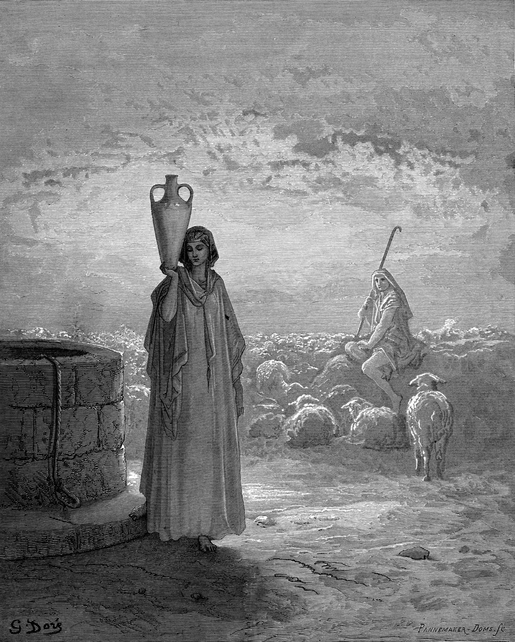 Jacob, gardant les troupeaux de Laban, voit Rachel au puits. Genèse 29. De la Bible illustrée de Gustave Doré 1866. Gravure sur bois - Gustave Dore