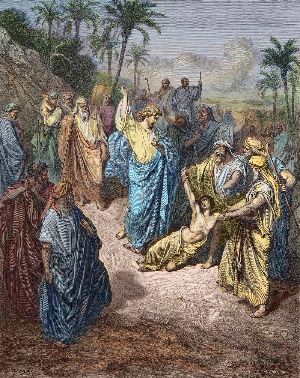 Jésus guérissant le lunatique - Gravure en couleur d