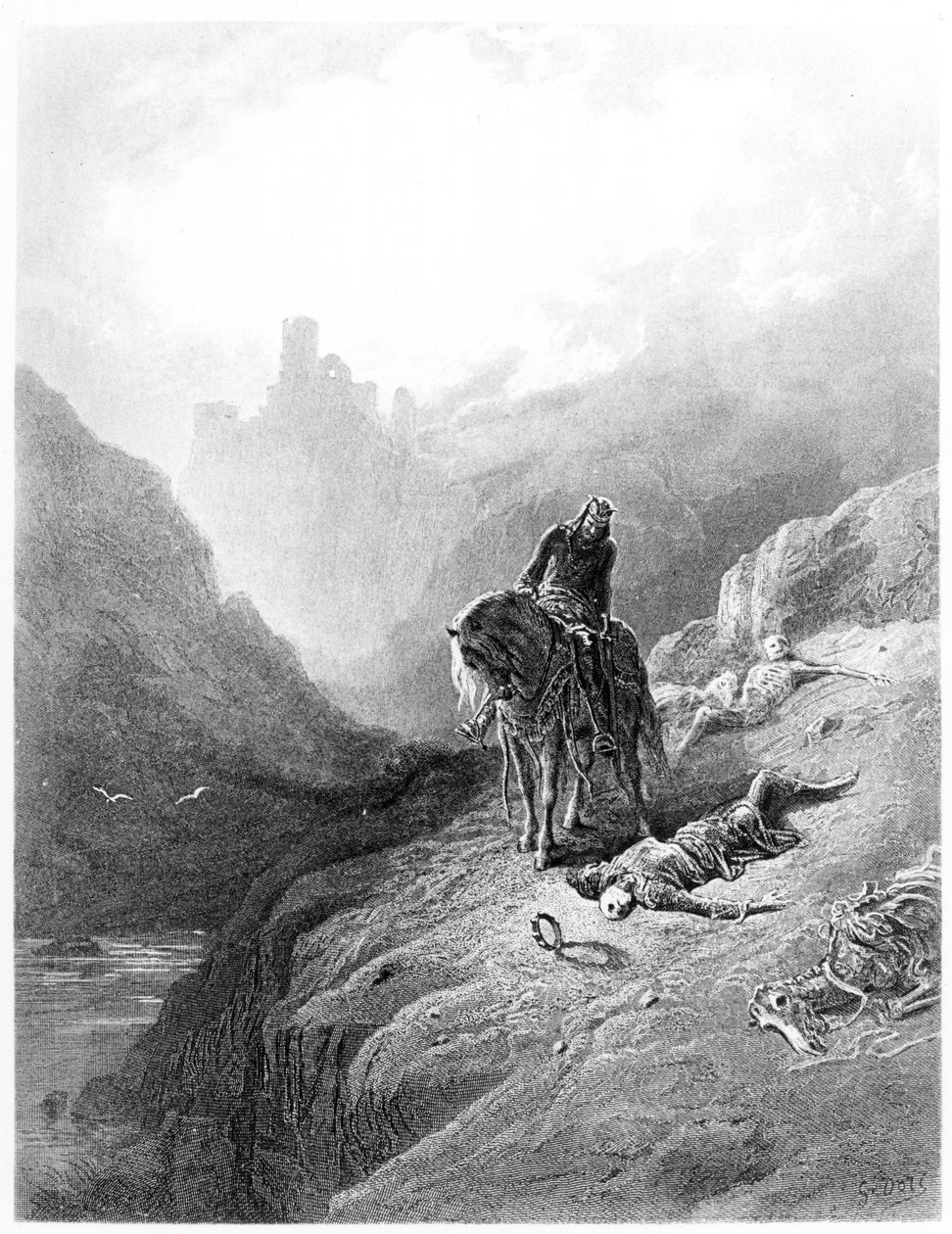 Le roi Arthur découvre les squelettes des frères, illustration tirée des "Idylles du roi" d
