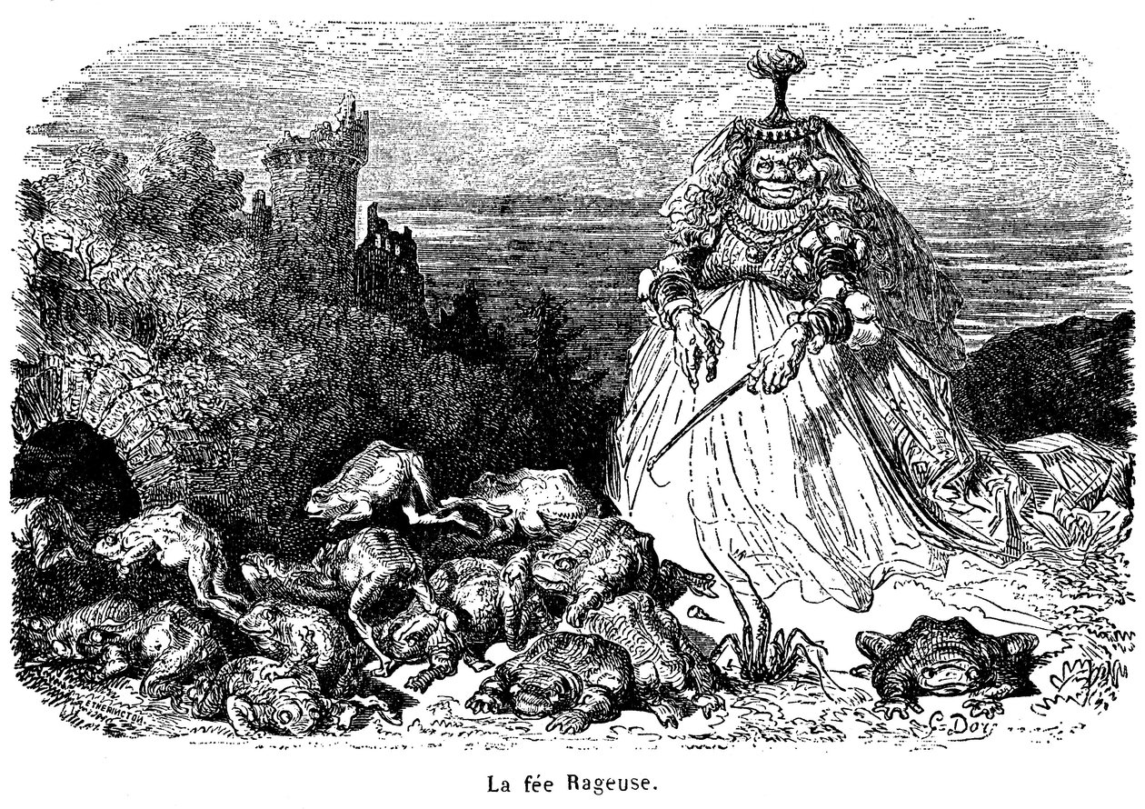 La fée Rageuse et son troupeau de crapauds : gravure de Gustave Doré pour illustrer le conte Pooh, par la Comtesse de Ségur, des Nouveaux Contes de Fées, Hachette 1896 - - Gustave Dore