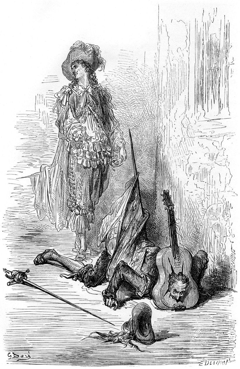 Leandre vient de casser une guitare sur la tête de Matamore, illustration pour "Capitaine Fracasse" - Gustave Dore