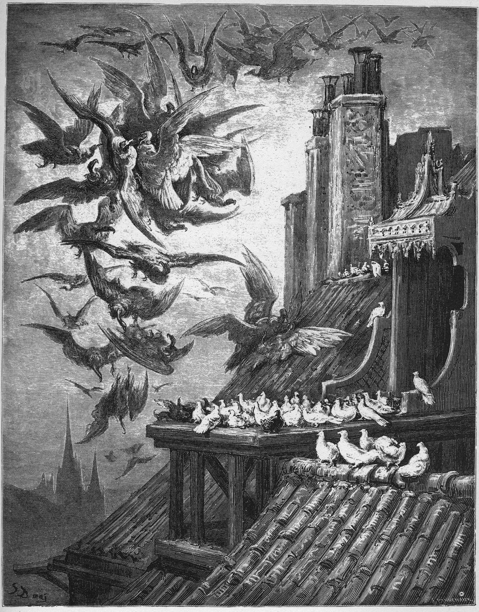 Les vautours et les pigeons - des "Fables" de Jean de La Fontaine - Gustave Dore