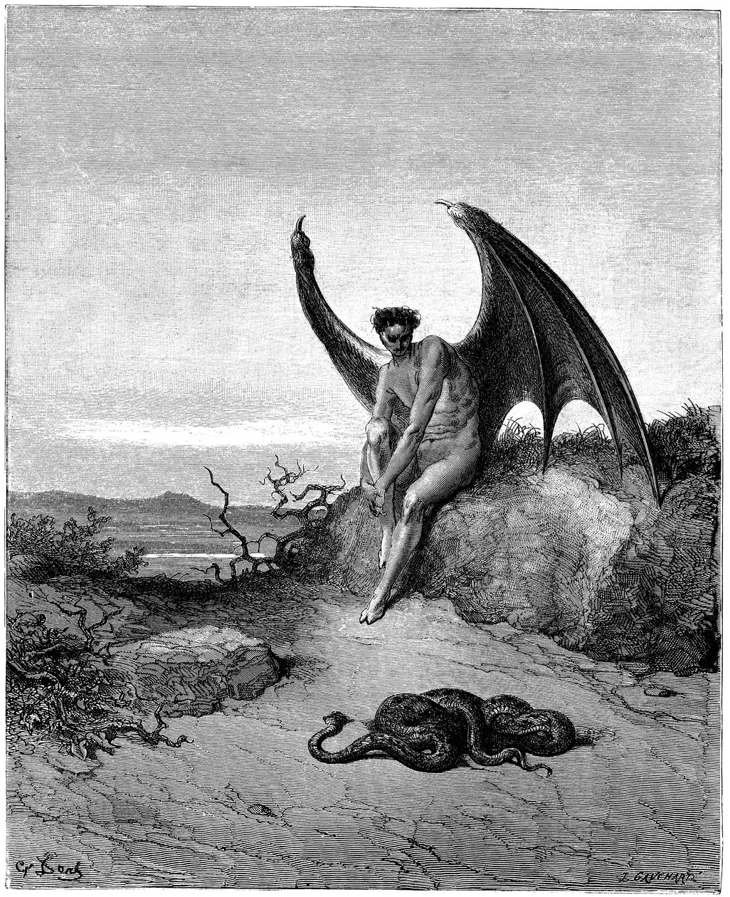 Lucifer (Satan, ange déchu, tombé du ciel sur Terre) rencontre le serpent. Illustration de Gustave Doré pour « Le Paradis perdu » de John Milton (1608-1674). Gravure de 1866. Collection privée - Gustave Dore