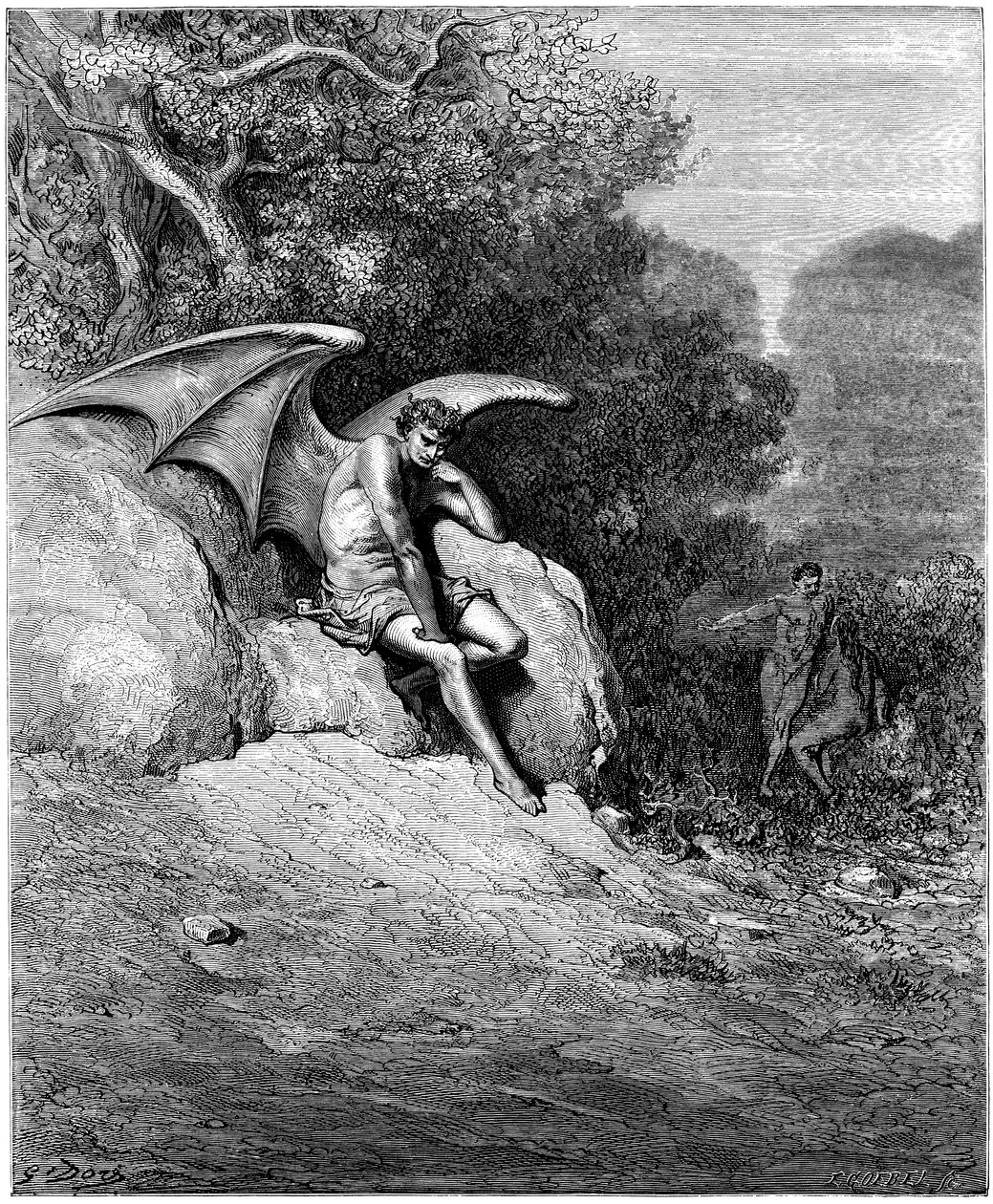 Lucifer (Satan, ange déchu, tombé du ciel sur Terre) pervertissant Adam et Ève. Illustration de Gustave Doré pour « Le Paradis Perdu » de John Milton (1608-1674). Gravure de 1866. Collection privée - Gustave Dore