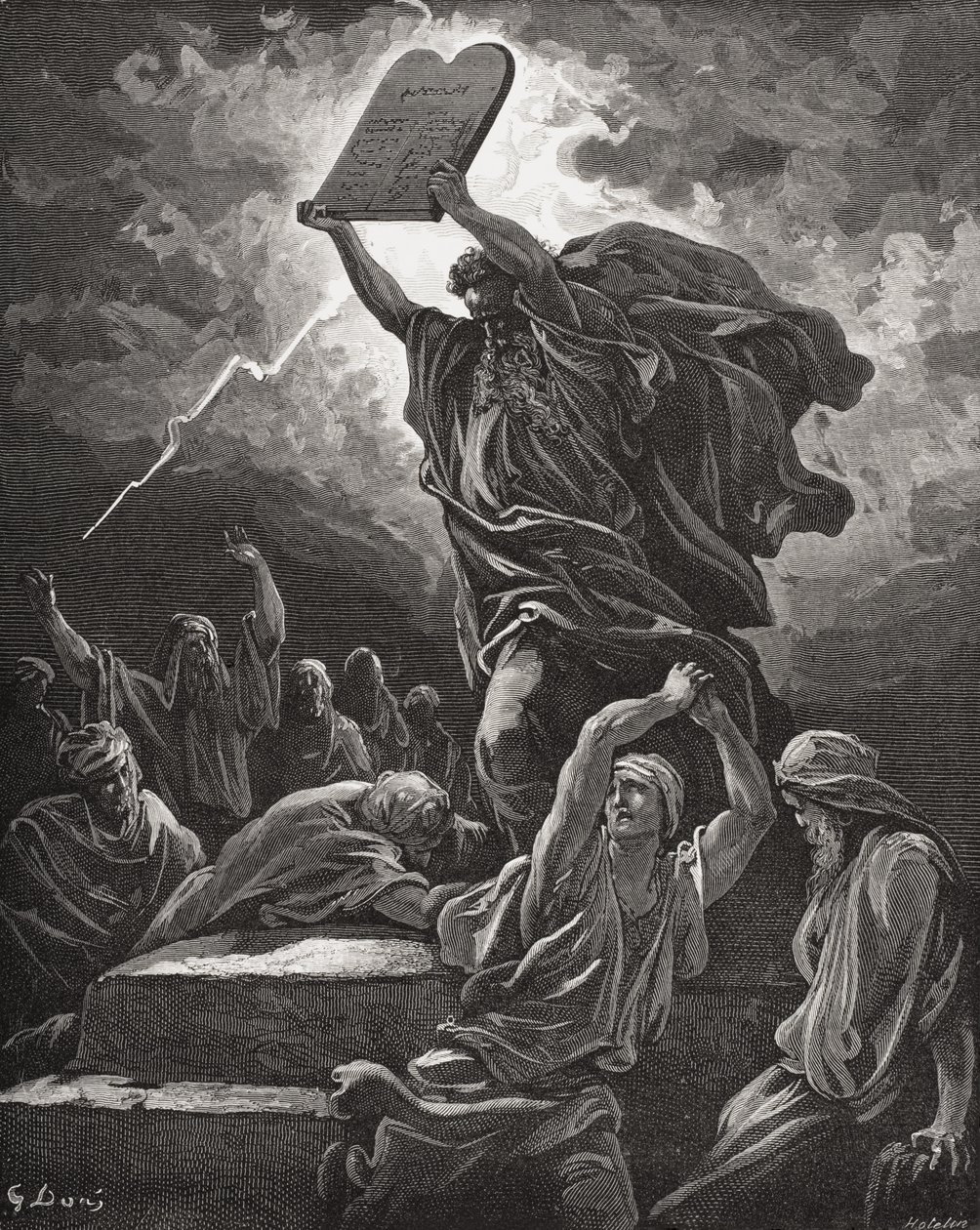 Moïse brisant les tables de la loi, Exode 32:19, illustration de la 