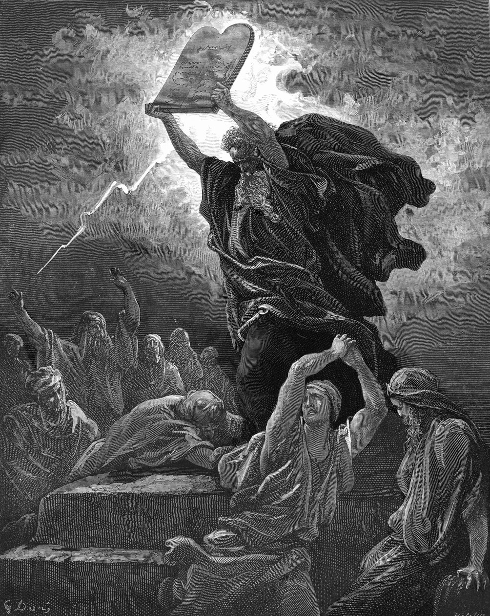 Moïse brise les tables de la loi (gravure) - Bible - Gustave Dore