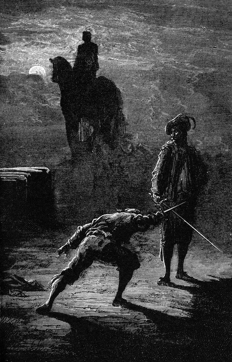 Duel nocturne au clair de lune entre le Baron de Sigognac et Jacquemin Lampourde, sous la statue équestre du Roi de Bronze. Gravure par Gustave Doré illustrant le roman de Théophile Gautier "Le Capitaine Fracasse". Édition Charpentier 1863. - Gustave Dore