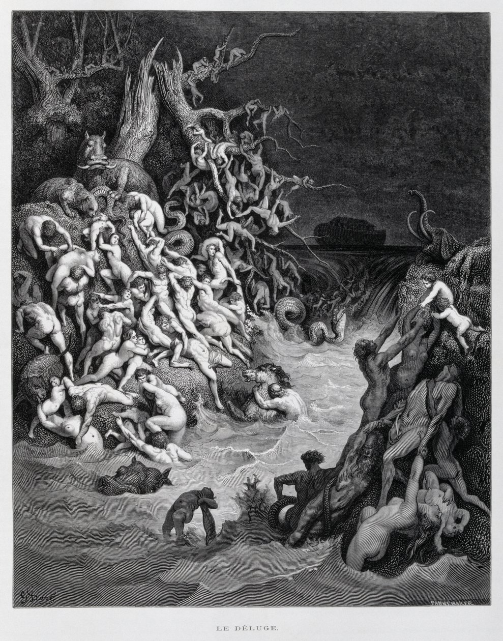 Noé et son arche échappent au grand déluge qui enveloppe la terre, Illustration de la Bible de Doré - Gustave Dore