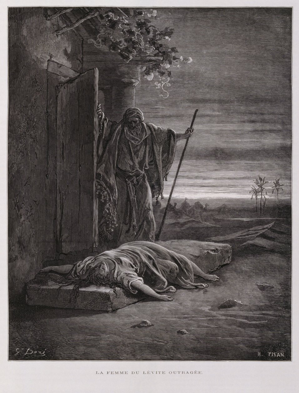 Scandale à Guibea, le Lévite emporte sa concubine morte, Illustration de la Bible de Doré - Gustave Dore