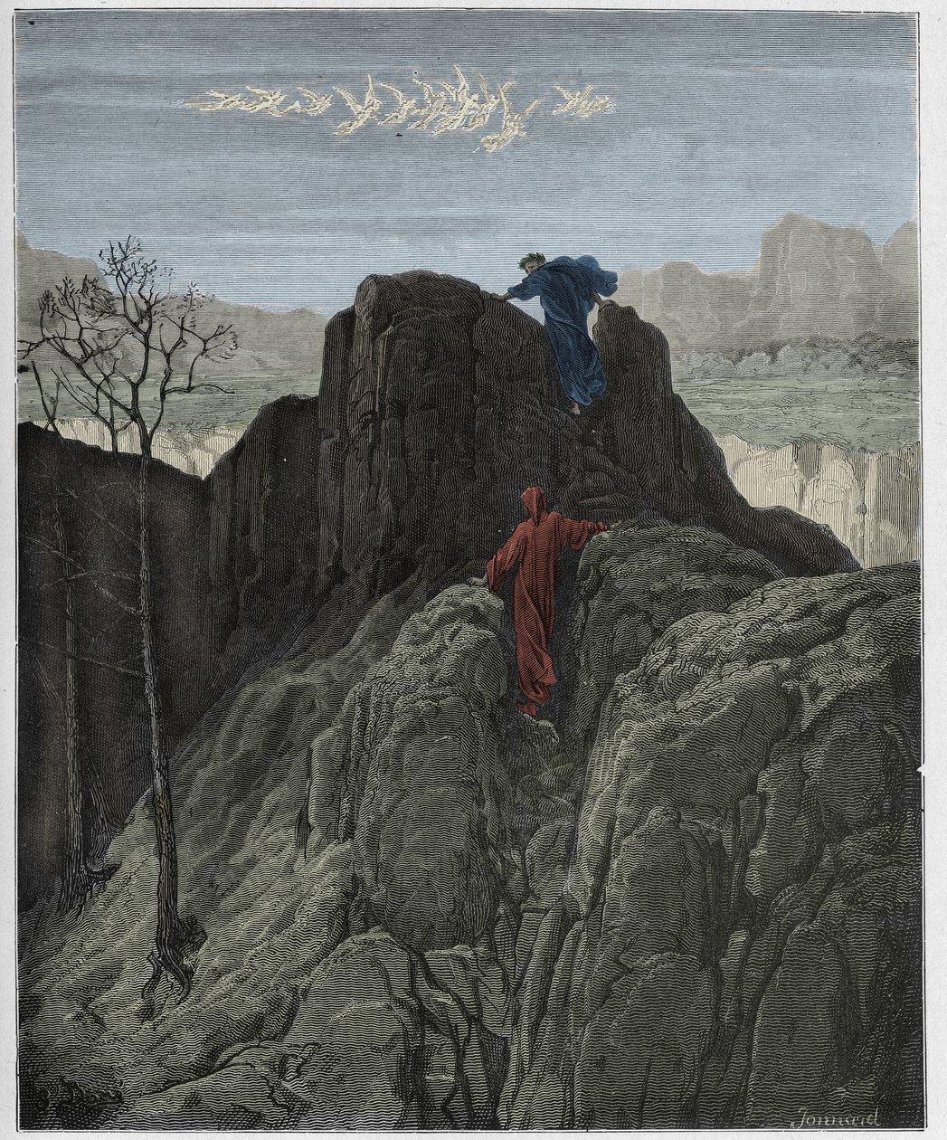 Purgatoire, Chant 4 : Virgile guide Dante sur le flanc escarpé de la montagne, illustration de "La Divine Comédie" de Dante Alighieri - Gustave Dore