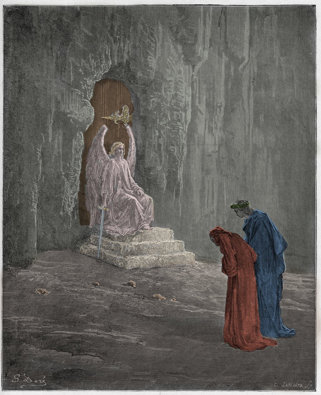 Purgatorio, Chant 9 : Dante et Virgile aux portails du Purgatoire, illustration de "La Divine Comédie" de Dante Alighieri, 1885 - Gustave Dore