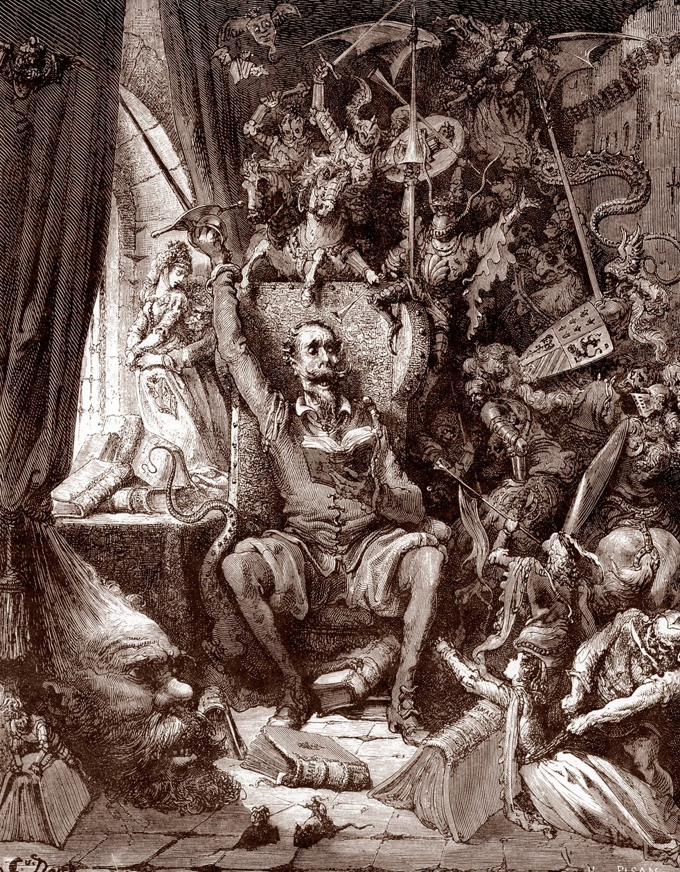 Représentation de Don Quichotte dans sa bibliothèque entouré des créatures de ses livres, gravure de Gustave Doré (1832-1883) pour L