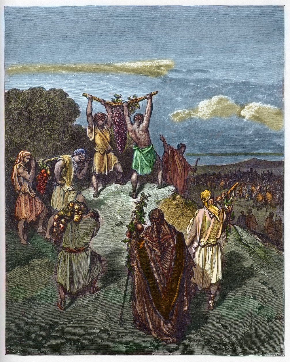 Retour du pays de Canaan - Le retour de Josué et Caleb avec une énorme grappe de raisin du pays de Canaan (Terre Promise) - gravure dans "La Bible illustrée" par Gustave Doré - Gravure de "La Bible de Doré" - Gustave Dore