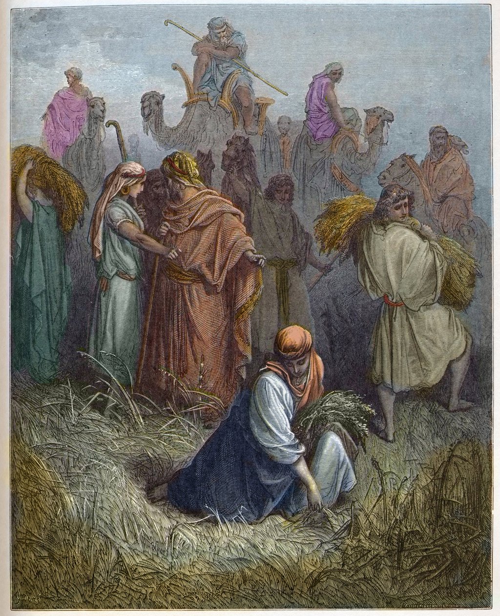 Ruth et Booz - Ruth travaillant dans les champs de Booz - gravure dans "La Bible illustrée" par Gustave Doré - Gravure de "La Bible de Doré" - Gustave Dore