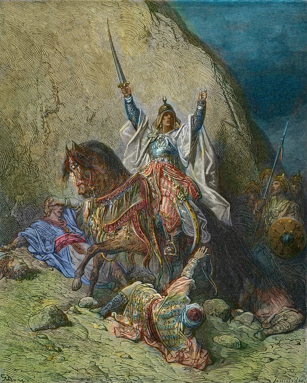 Saladin le Magnifique - Roi Saladin (1138-1193) (Salah al Din Yusuf al-Ayyubi) commandant des forces musulmanes contre les croisades - gravure en couleur du XIXe siècle par Gustave Doré - de l