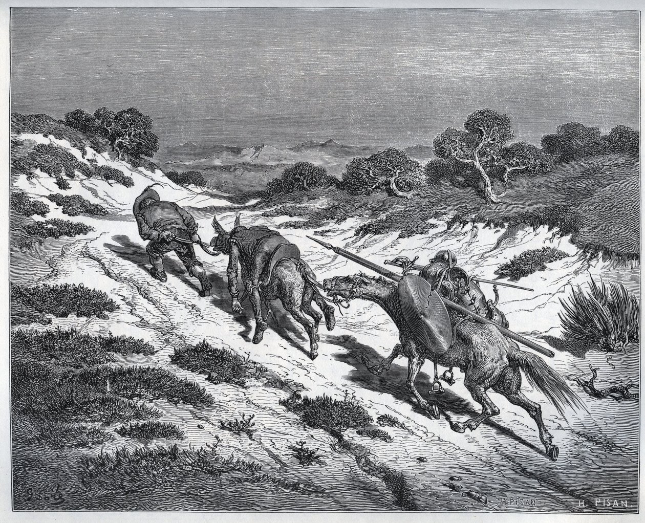 Sancho Panza, Don Quichotte et leurs montures après leur défaite contre les Yangues - de « Don Quichotte de la Manche » par Miguel Cervantes (1547-1616) - Gravure sur bois d