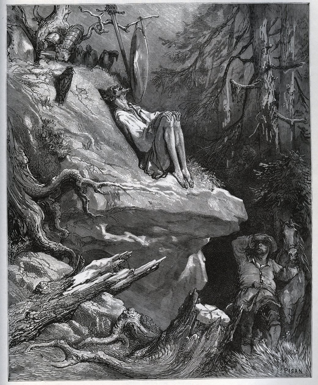 Sancho Panza retrouve son maître, toujours en pénitence - de "Don Quichotte de la Manche" par Miguel Cervantes - Gravure sur bois d