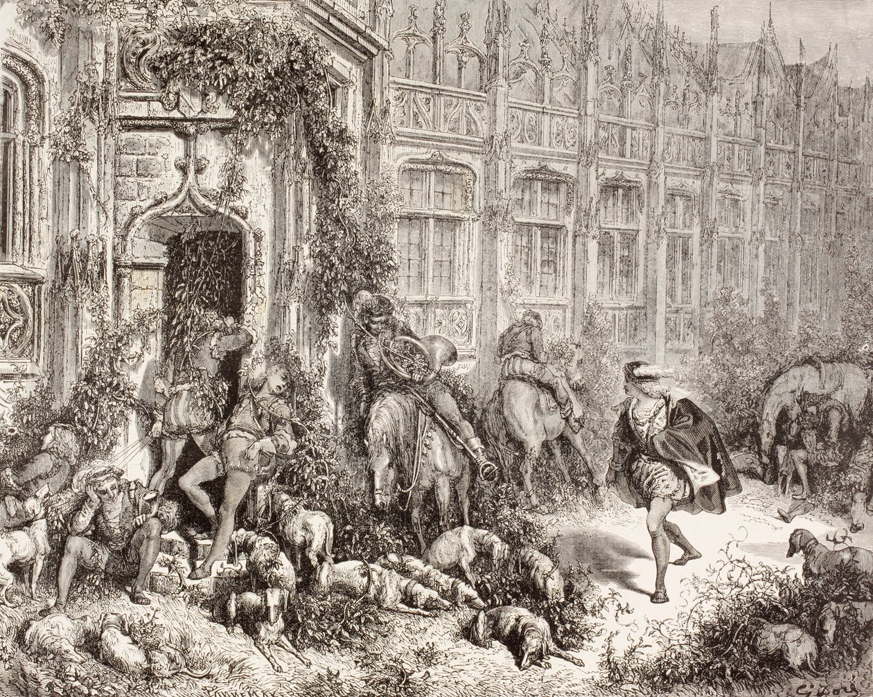 Scène de La Belle au bois dormant de Charles Perrault. De El Mundo Ilustrado, publié à Barcelone, vers 1880. - Gustave Dore