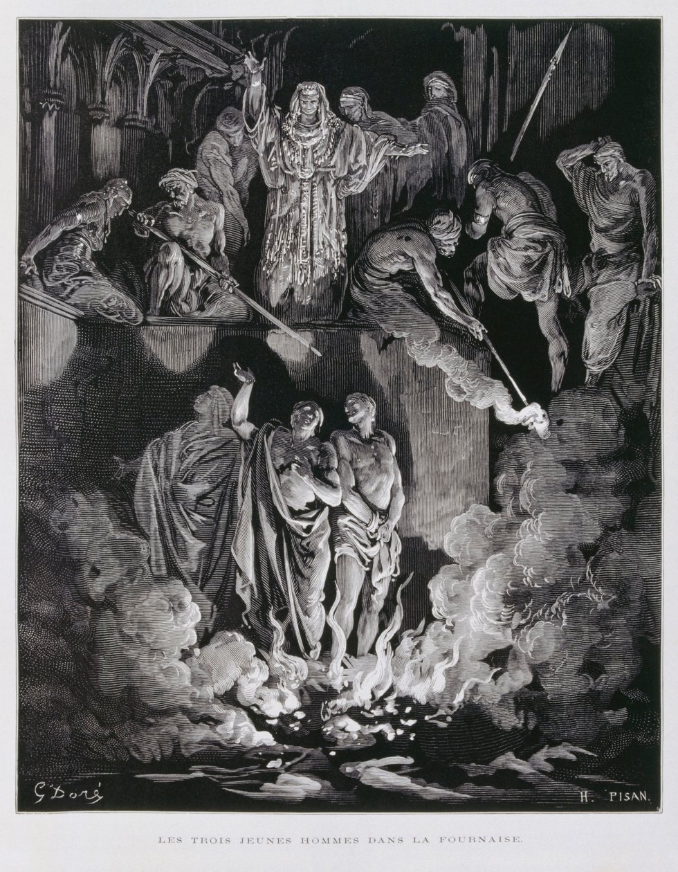 Shadrach, Meshach et Abednego dans la fournaise ardente, Illustration de la Bible de Doré - Gustave Dore
