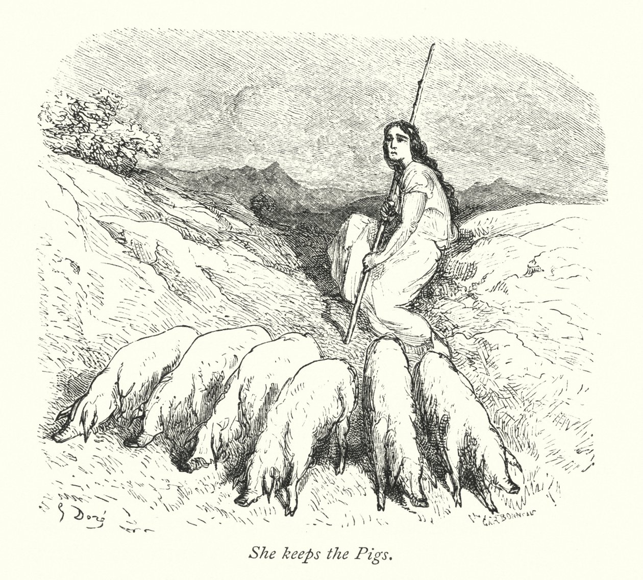 Elle garde les cochons (gravure) - Gustave Dore