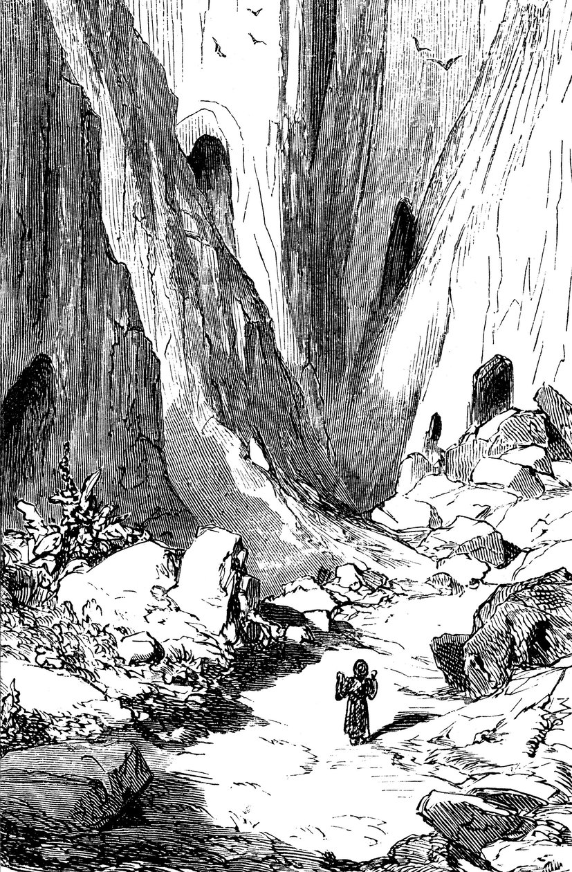 Sindbad le marin - conte des mille et une nuits - illustration de Gustave Doré - édition Maxwell 1865 - Deuxième voyage : Sindbad découvre une vallée avec des diamants, mais malheureusement occupée par des serpents géants - Gustave Dore