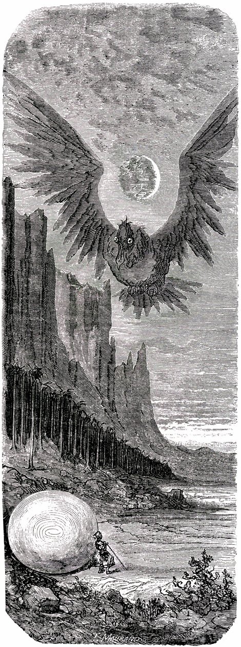 Sindbad le marin - conte des mille et une nuits - illustration de Gustave Doré - édition Maxwell 1865 - Deuxième voyage : Sindbad ayant découvert sur une île un énorme œuf de l