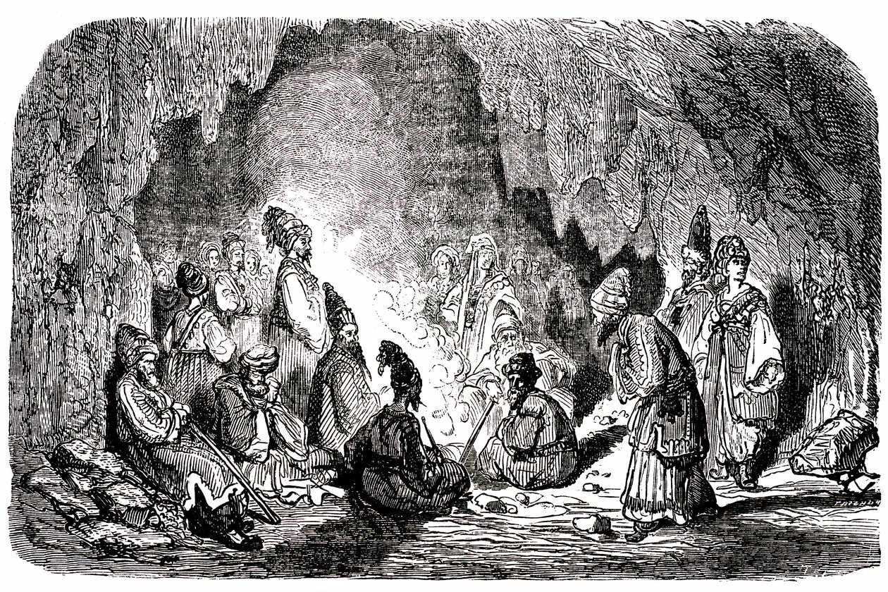 Sindbad le marin - conte des mille et une nuits - illustration de Gustave Doré - édition Maxwell 1865 - Premier voyage : Sindbad, abandonné au milieu de la mer par ses compagnons, atteint une île et rencontre dans une grotte le palefrenier - Gustave Dore