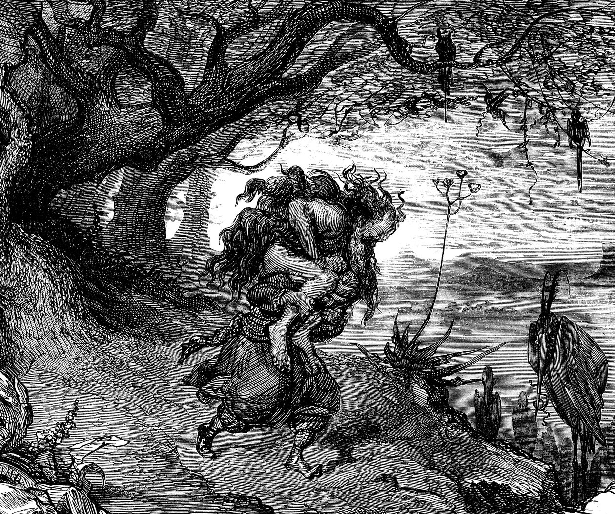 Sindbad le marin - conte des mille et une nuits - illustration de Gustave Doré (détail) - édition Maxwell 1865 - Cinquième voyage : Sindbad est contraint de porter sur son épaule un vieil homme qui s