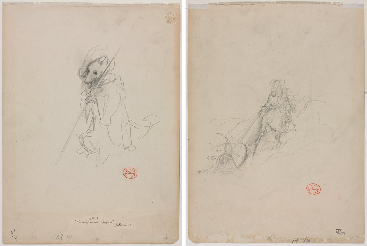 Esquisse pour "Le Loup devenu berger" (recto) Esquisse de scène de chasse (verso) - Gustave Dore