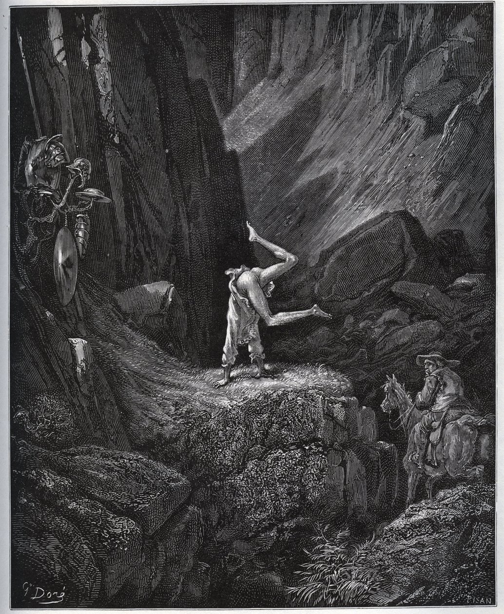 La pénitence acrobatique de Don Quichotte dans la Sierra Morena - de "Don Quichotte de la Manche" par Miguel Cervantes - Gravure sur bois d