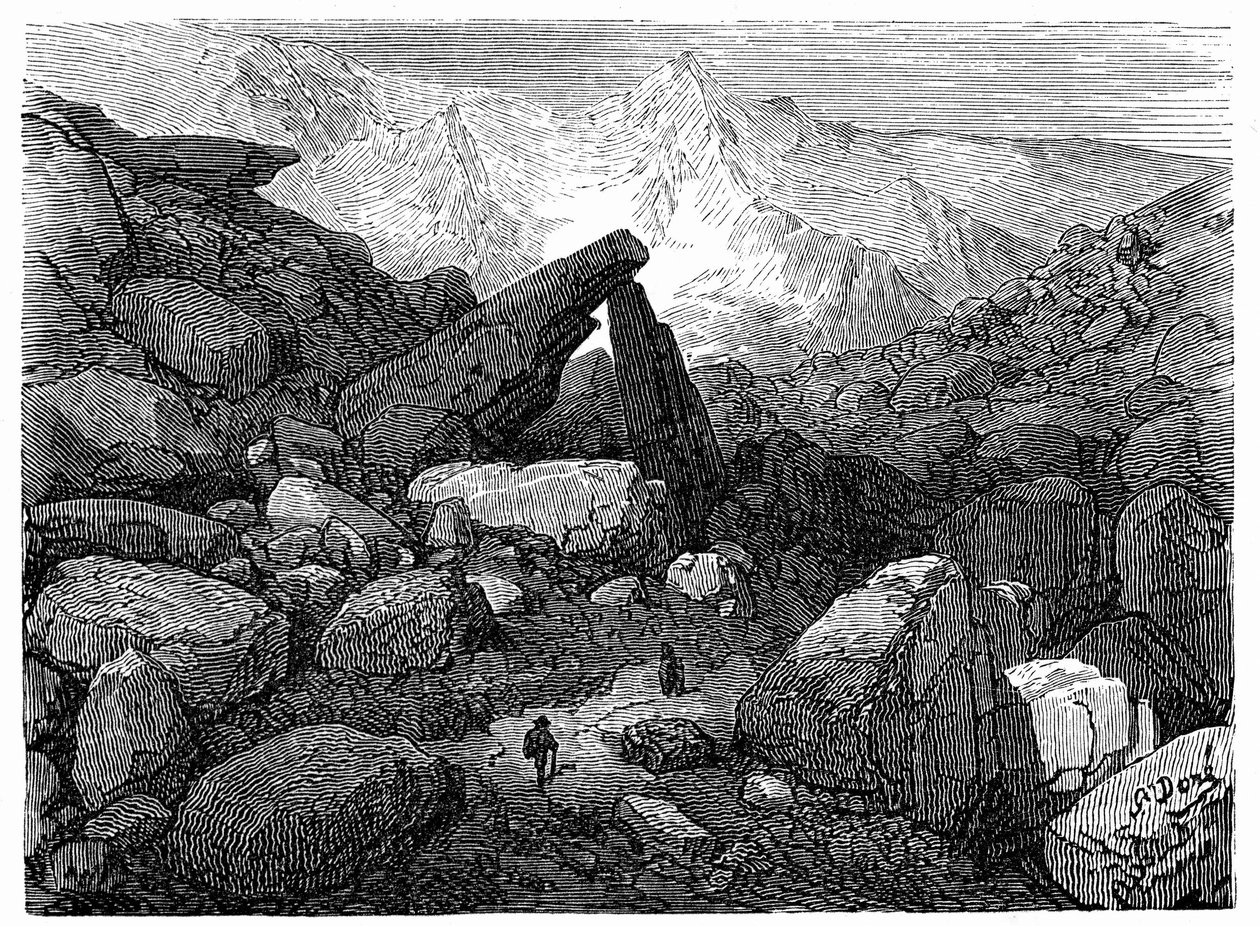 Le sentier du Chaos, menant au Cirque de Gavarnie : gravure de Gustave Doré illustrant le livre « Voyage aux Pyrénées d