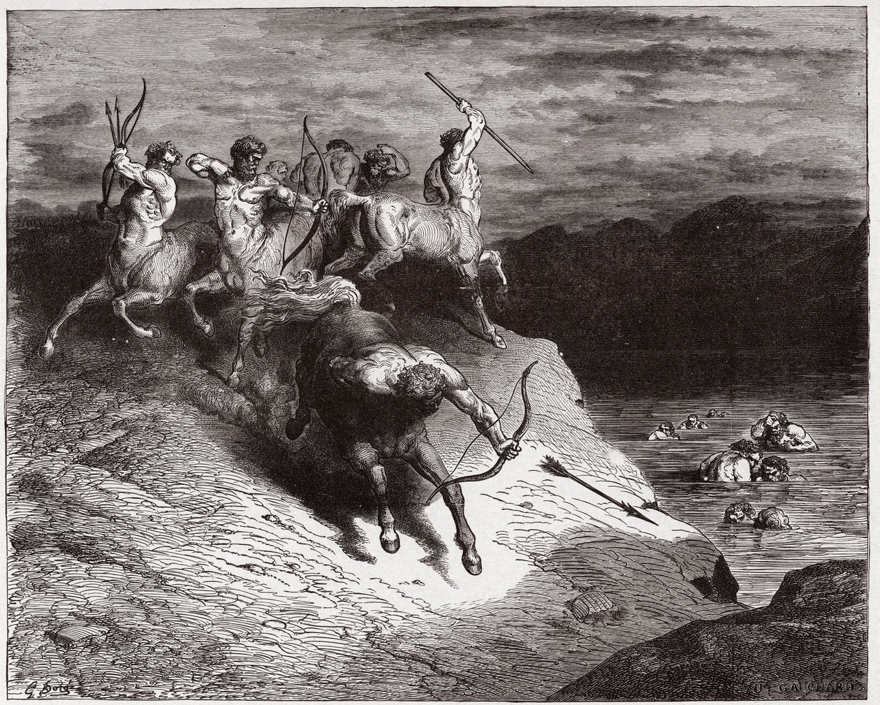 La Divine Comédie, Inferno, Chant 12 : Les centaures attaquent les âmes dans le sang bouillant - par Dante Alighieri (1265-1321) - Illustration par Gustave Doré (1832-1883) - Gustave Dore